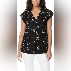 Buffalo David Bitton Black and Pink Floral Flutter Sleeve Elegant Top Sz S